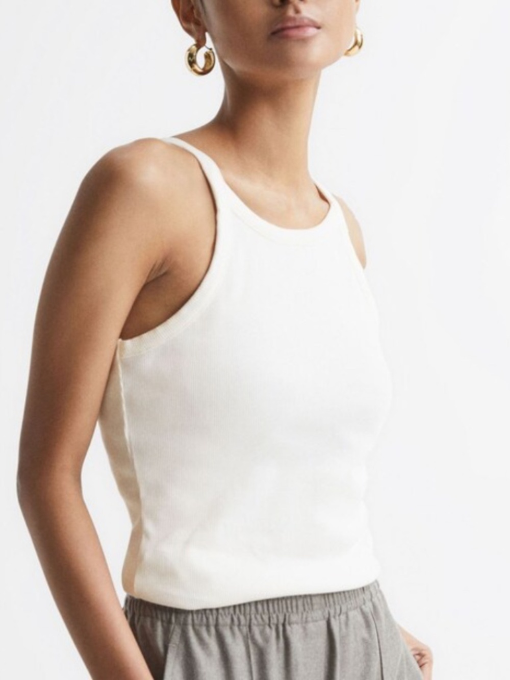 Reiss Size L Louisa Crew Neck Ribbed Cami Vest Top in White 98% Cotton